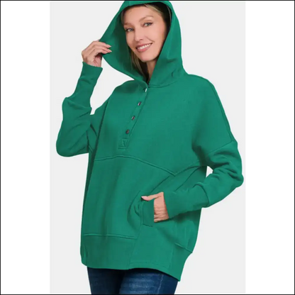 Zenana Half Snap Long Sleeve Hoodie with Kangaroo Pocket - Sweatshirts & Hoodies on Sale Worldwide Shipping