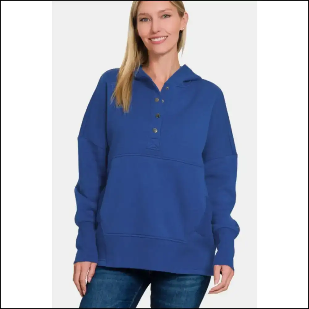 Zenana Half Snap Long Sleeve Hoodie with Kangaroo Pocket - Hoodies Sweatshirts & on Sale Worldwide Shipping