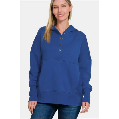 Zenana Half Snap Long Sleeve Hoodie with Kangaroo Pocket - Hoodies Sweatshirts & on Sale Worldwide Shipping
