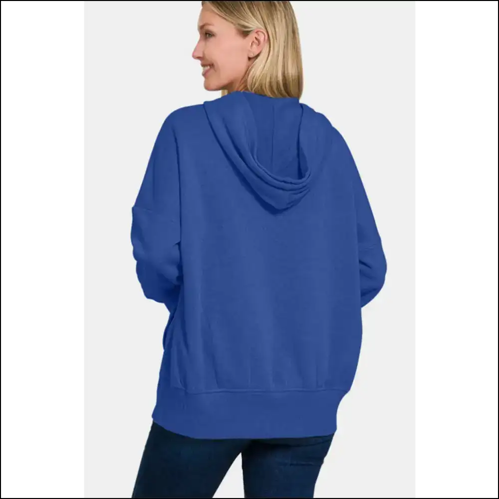 Zenana Half Snap Long Sleeve Hoodie with Kangaroo Pocket - Hoodies Sweatshirts & on Sale Worldwide Shipping