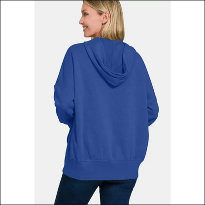 Zenana Half Snap Long Sleeve Hoodie with Kangaroo Pocket - Hoodies Sweatshirts & on Sale Worldwide Shipping