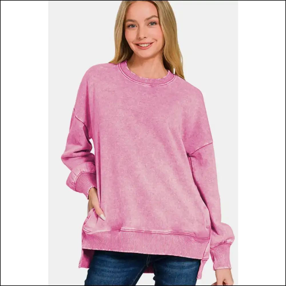 Zenana High-low Acid Wash Fleece Sweatshirt - Dusty Pink / l - Sweatshirts & Hoodies on Sale Worldwide Shipping