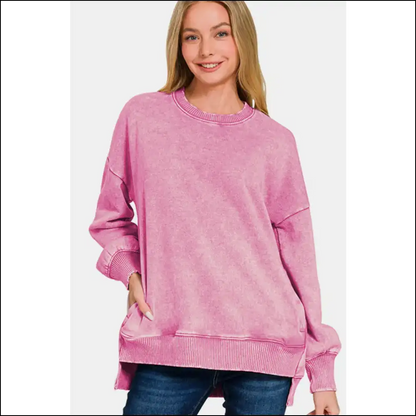 Zenana High-low Acid Wash Fleece Sweatshirt - Dusty Pink / l - Sweatshirts & Hoodies on Sale Worldwide Shipping