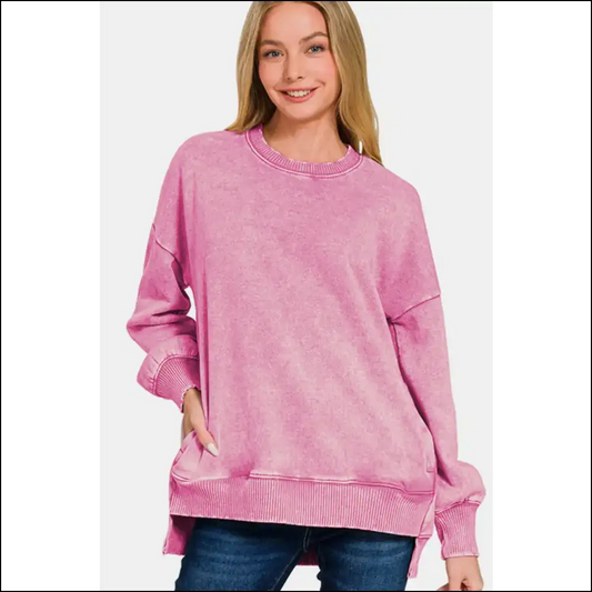 Zenana High-low Acid Wash Fleece Sweatshirt - Dusty Pink / l - Sweatshirts & Hoodies on Sale Worldwide Shipping