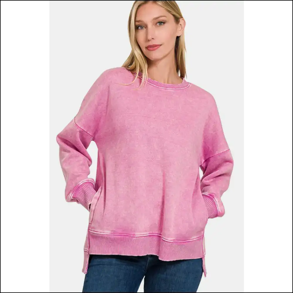 Zenana High-low Acid Wash Fleece Sweatshirt - Sweatshirts & Hoodies on Sale Worldwide Shipping