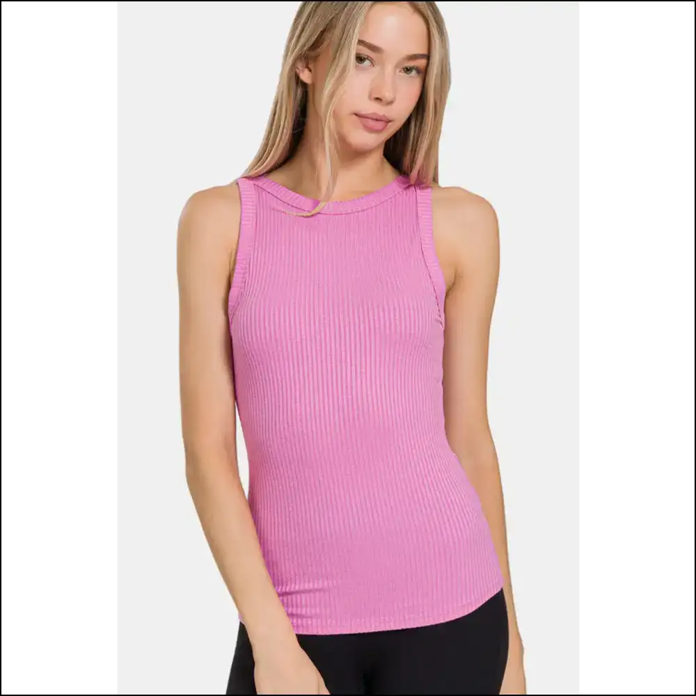 Zenana Ribbed Crew Neck Tank - Timeless & Chic - Bright Pink / s - Tops on Sale Worldwide Shipping