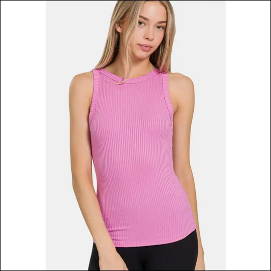 Zenana Ribbed Crew Neck Tank - Timeless & Chic - Bright Pink / s - Tops on Sale Worldwide Shipping