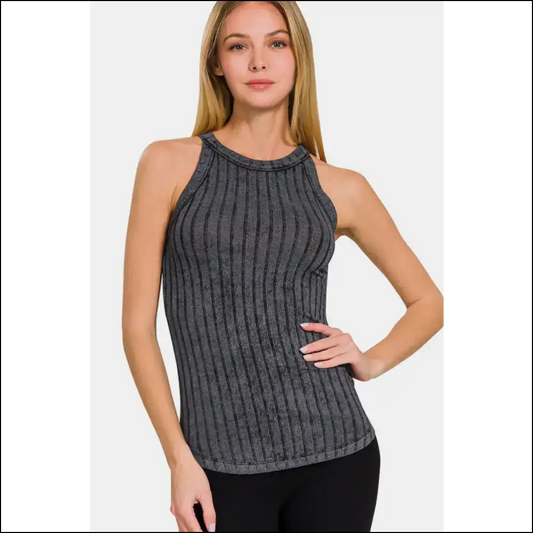 Zenana Ribbed Grecian Neck Tank - Effortlessly Elegant - Black / s - Tops on Sale Worldwide Shipping