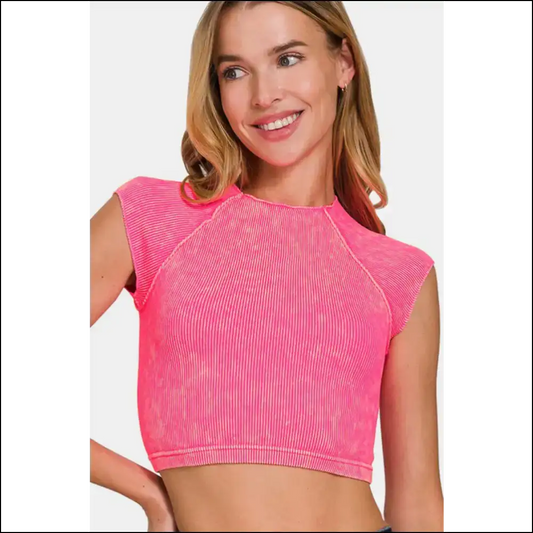 Zenana Ribbed Round Neck Cropped Top - Chic & Stylish - Hot Pink / S/m - Tank Tops on Sale Worldwide Shipping