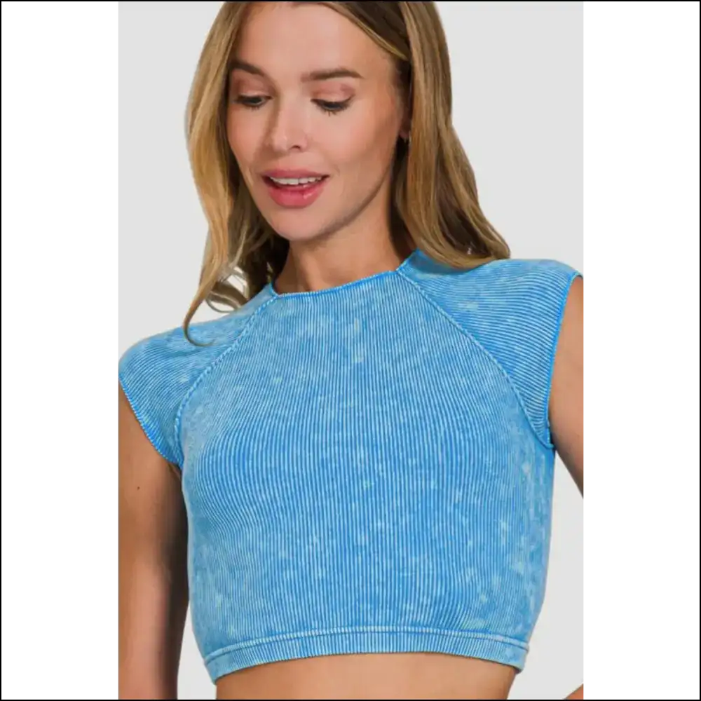 Zenana Ribbed Round Neck Cropped Top - Sky Blue / L/xl - Tank Tops on Sale Worldwide Shipping