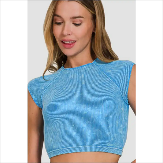 Zenana Ribbed Round Neck Cropped Top - Sky Blue / L/xl - Tank Tops on Sale Worldwide Shipping