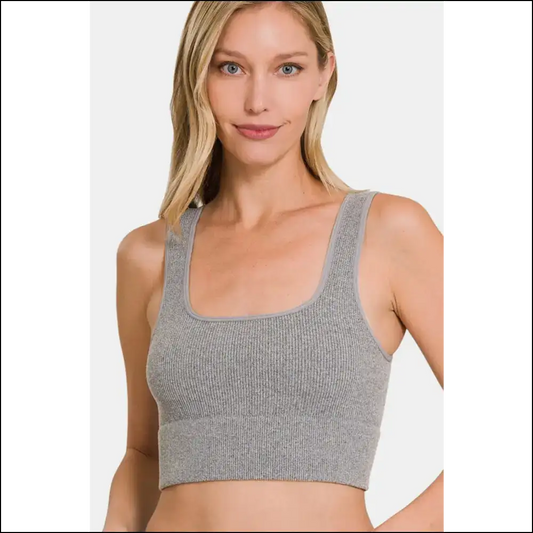 Zenana Ribbed Square Neck Cropped Tank - Grey / L/xl - Tops on Sale Worldwide Shipping