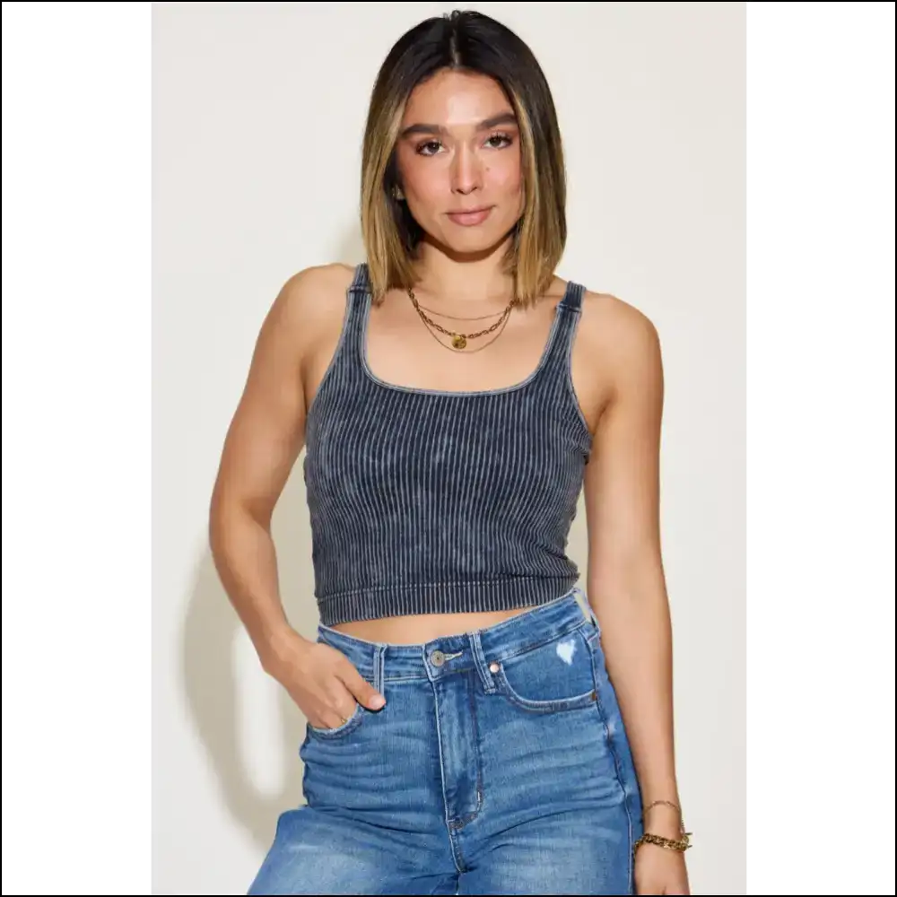 Zenana Ribbed Washed Square Neck Tank - Summer Essential - Black / S/m - Tops on Sale Worldwide Shipping