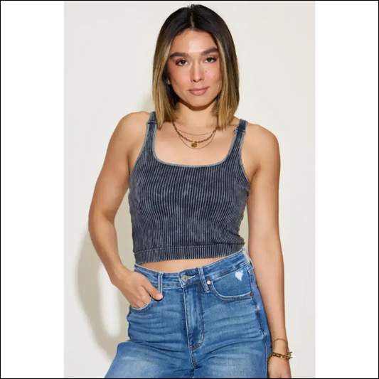 Zenana Ribbed Washed Square Neck Tank - Summer Essential - Black / S/m - Tops on Sale Worldwide Shipping