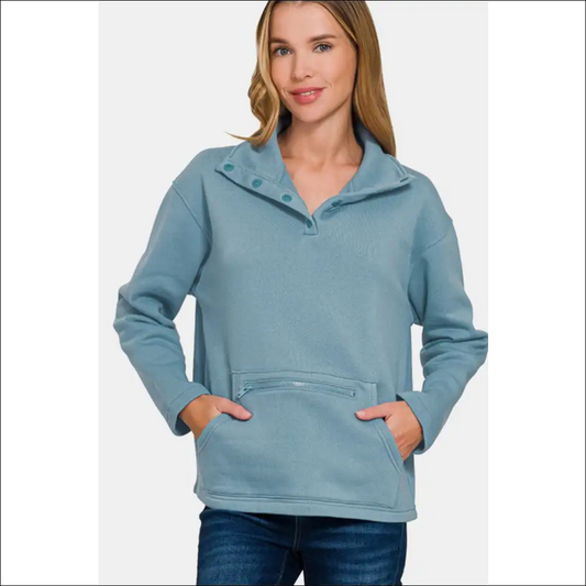 Chic Zenana Turtleneck Half Snap Fleece Sweatshirt - Blue / s - Sweatshirts & Hoodies on Sale Worldwide Shipping