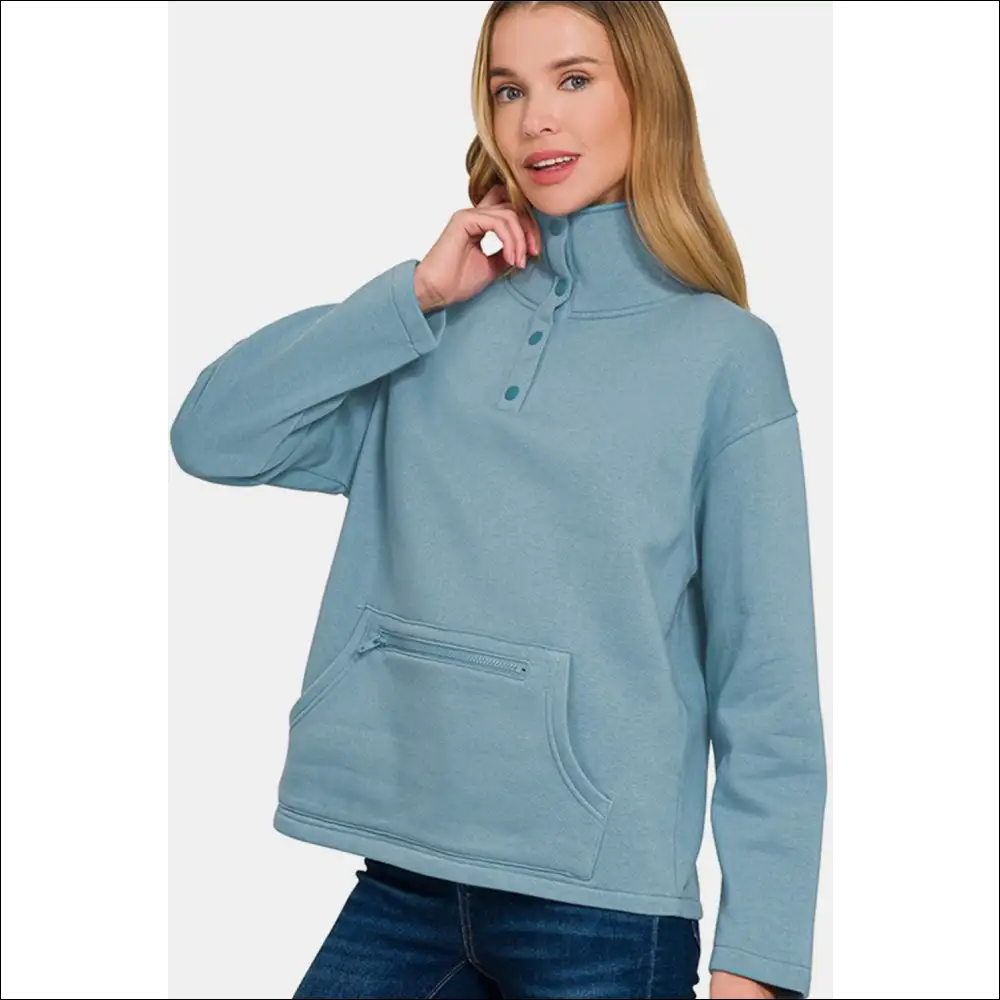 Chic Zenana Turtleneck Half Snap Fleece Sweatshirt - Sweatshirts & Hoodies on Sale Worldwide Shipping