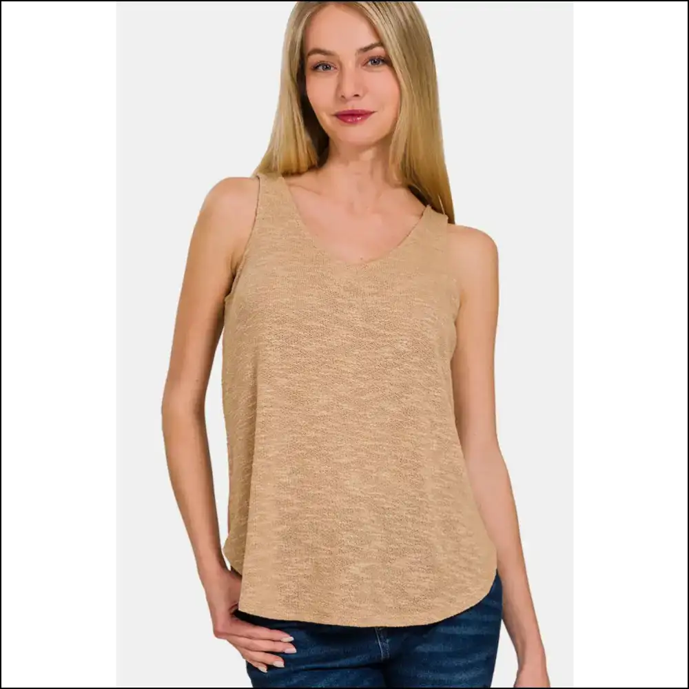 Zenana V-neck Curved Hem Tank - Chic & Versatile - Brown / l - Tops on Sale Worldwide Shipping