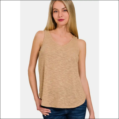 Zenana V-neck Curved Hem Tank - Chic & Versatile - Brown / l - Tops on Sale Worldwide Shipping