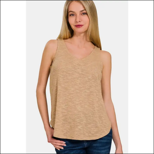 Zenana V-neck Curved Hem Tank - Chic & Versatile - Brown / l - Tops on Sale Worldwide Shipping