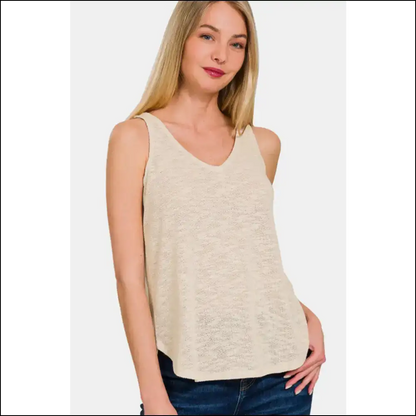 Zenana V-neck Curved Hem Tank - Effortless Chic - Beige / m - Tops on Sale Worldwide Shipping