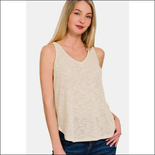 Zenana V-neck Curved Hem Tank - Effortless Chic - Beige / m - Tops on Sale Worldwide Shipping