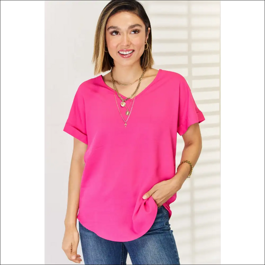 Zenana V-neck Rolled Short Sleeve T-shirt - Hot Pink / l - t Shirts on Sale Worldwide Shipping