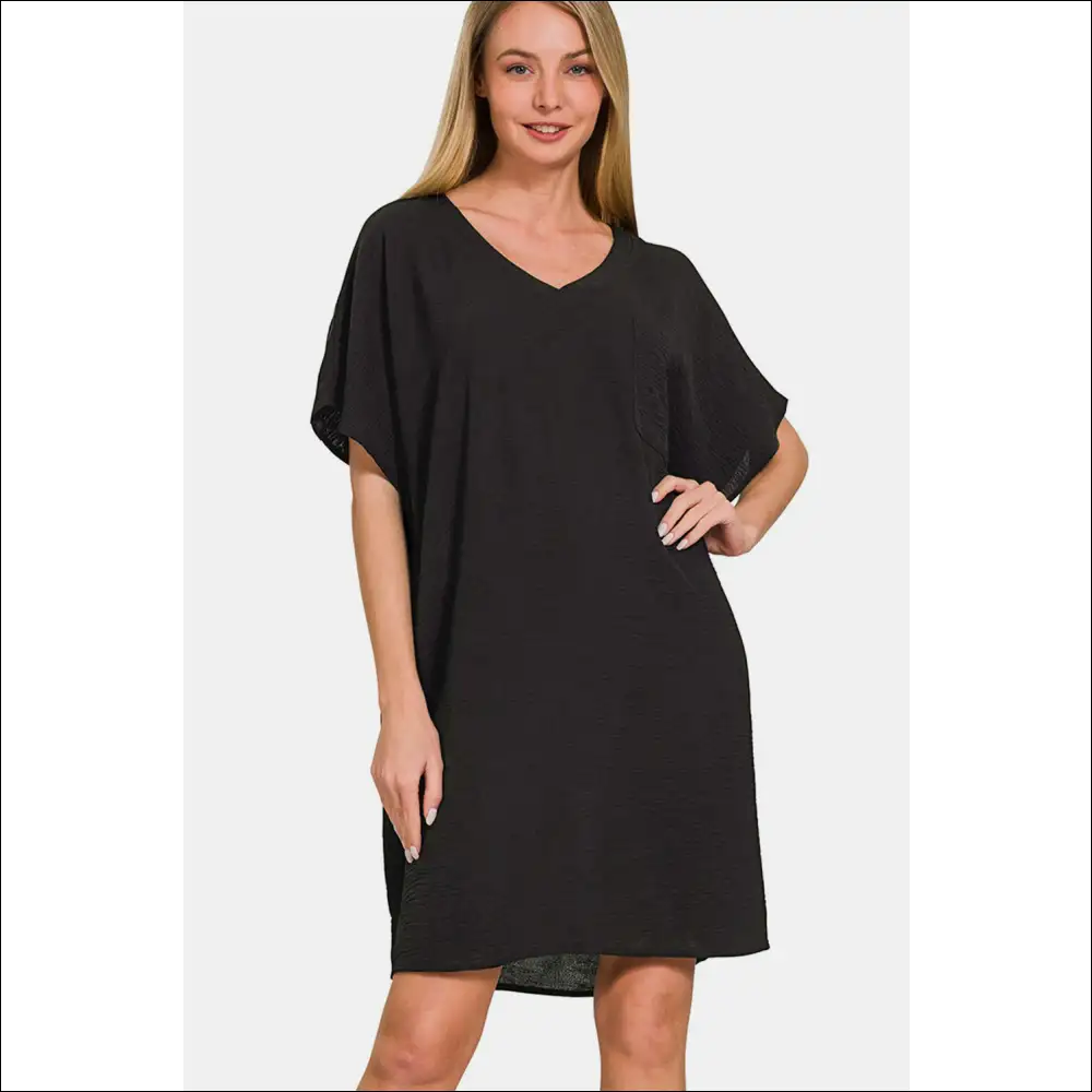 Zenana V-neck Tee Dress with Pockets - Effortless Chic - Black / s - Dresses on Sale Worldwide Shipping