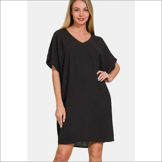 Zenana V-neck Tee Dress with Pockets - Effortless Chic - Black / s - Dresses on Sale Worldwide Shipping
