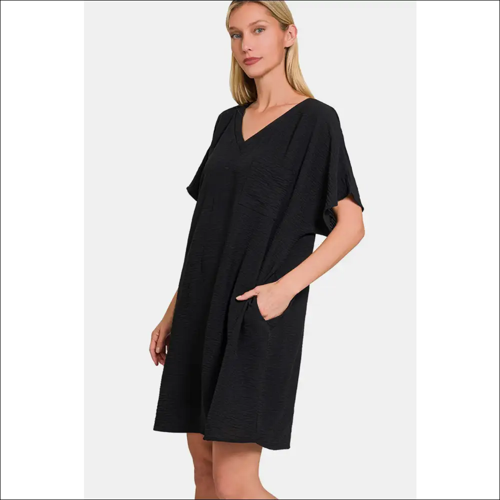 Zenana V-neck Tee Dress with Pockets - Effortless Chic - Dresses on Sale Worldwide Shipping