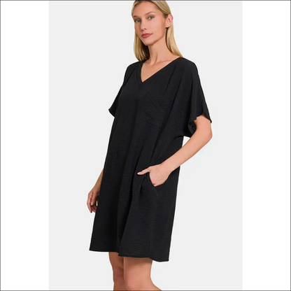 Zenana V-neck Tee Dress with Pockets - Effortless Chic - Dresses on Sale Worldwide Shipping