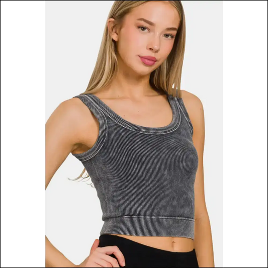 Zenana Vintage Washed Scoop Neck Tank Top - Black / L/xl - Tops on Sale Worldwide Shipping