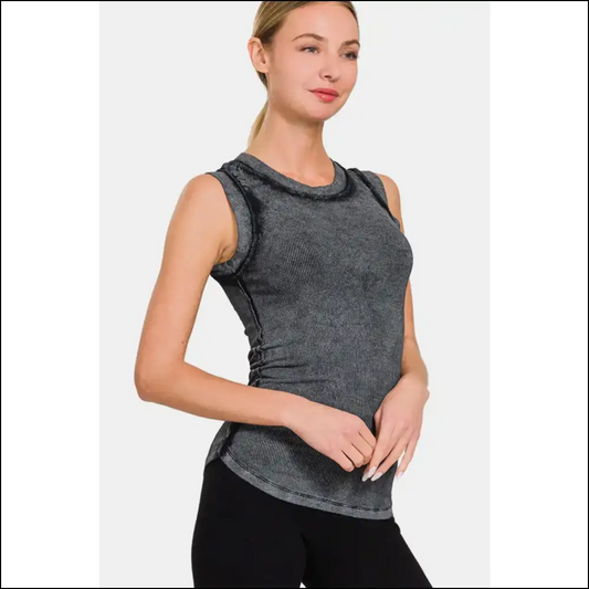 Zenana Washed Ribbed Bliss: for the Goddess who Loves Comfort and Humor! 😏✨ - Black / l - Tank Tops on Sale Worldwide Shipping
