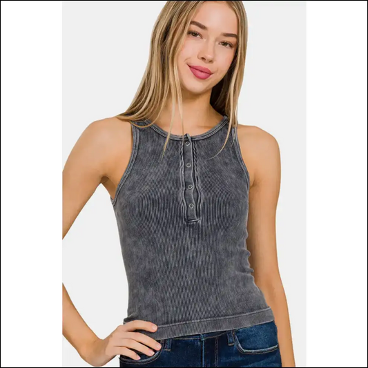 Zenana Washed Ribbed Half Snap Seamless Tank - Black / S/m - Tops on Sale Worldwide Shipping