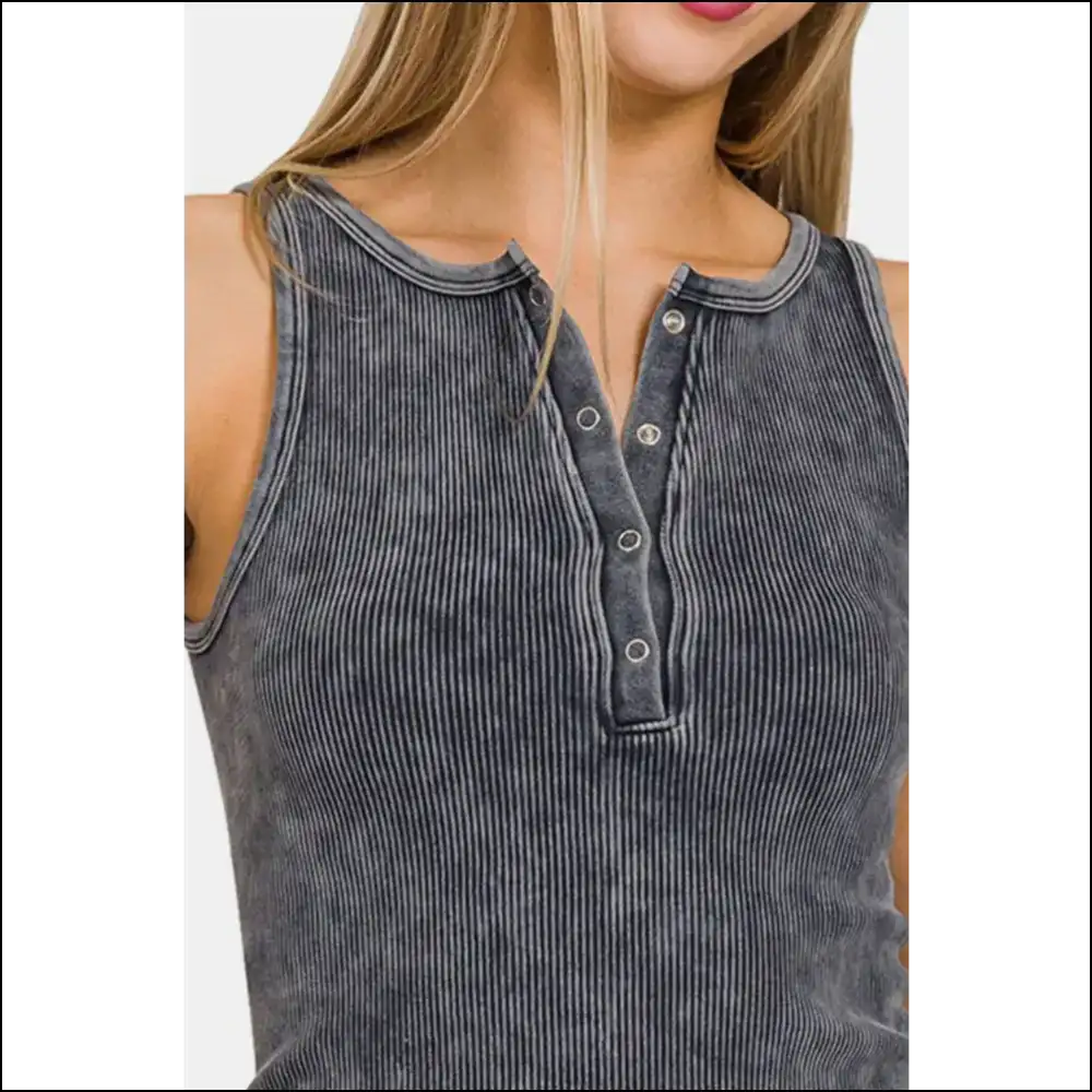 Zenana Washed Ribbed Half Snap Seamless Tank - Tops on Sale Worldwide Shipping