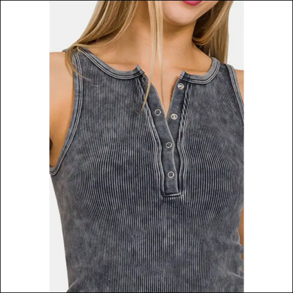 Zenana Washed Ribbed Half Snap Seamless Tank - Tops on Sale Worldwide Shipping
