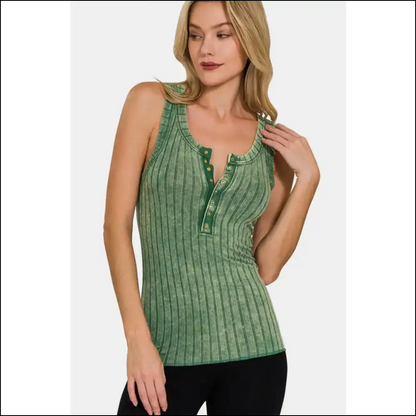 Zenana Washed Ribbed Half Snap Tank Top - Green / s - Tops on Sale Worldwide Shipping