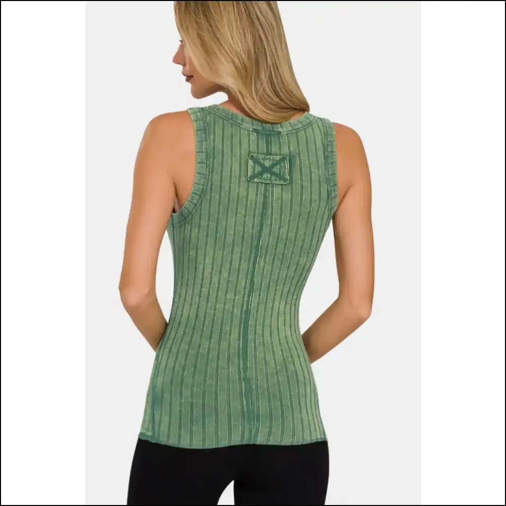 Zenana Washed Ribbed Half Snap Tank Top - Tops on Sale Worldwide Shipping