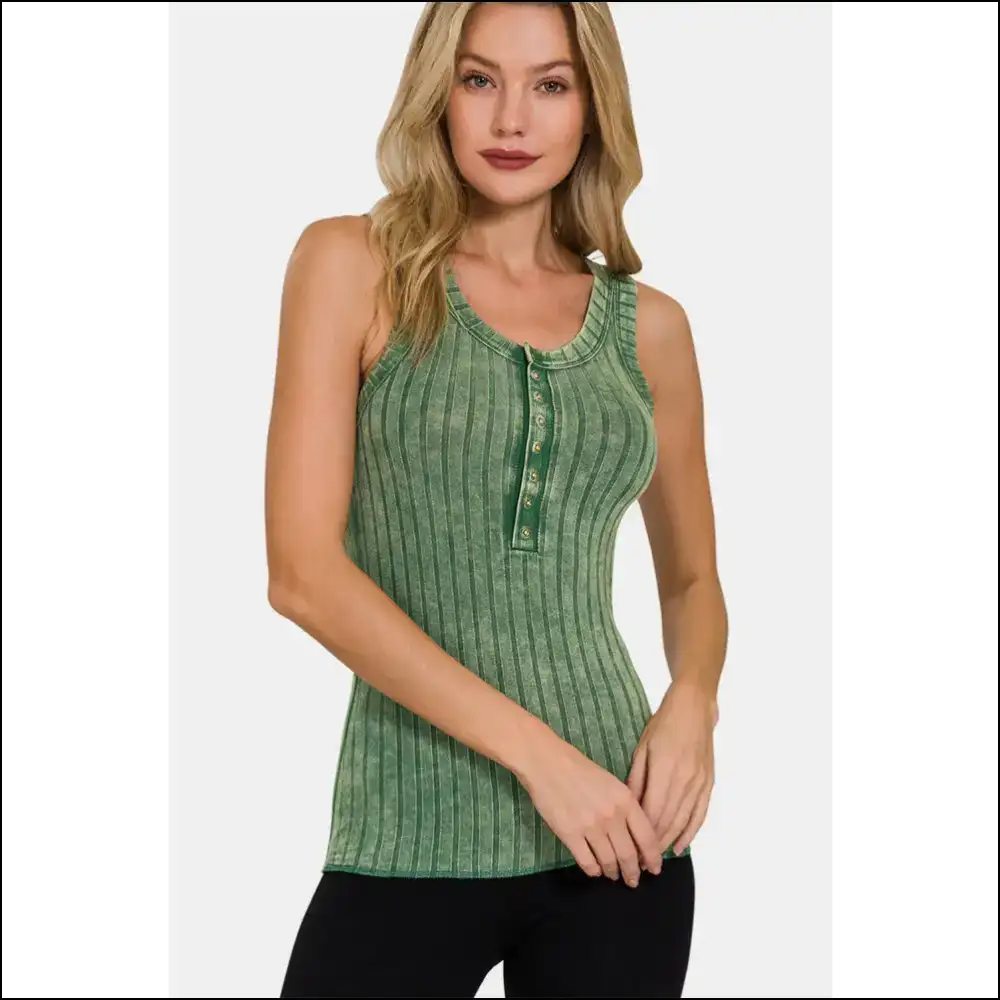 Zenana Washed Ribbed Half Snap Tank Top - Tops on Sale Worldwide Shipping