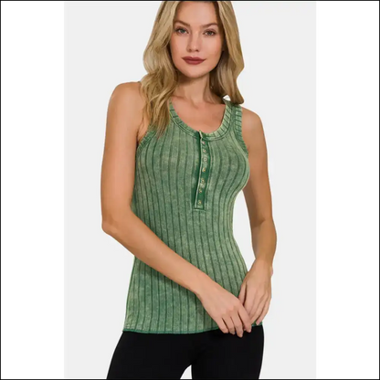 Zenana Washed Ribbed Half Snap Tank Top - Tops on Sale Worldwide Shipping