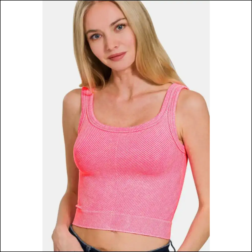 Zenana Washed Ribbed Scoop Neck Tank Top - Fuchsia / S/m - Tops on Sale Worldwide Shipping