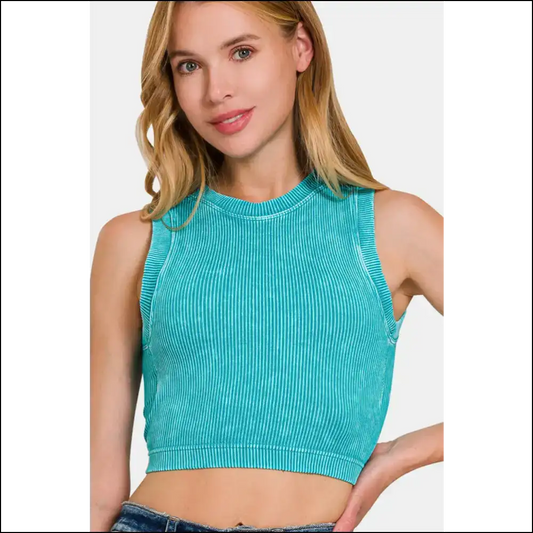 Zenana Washed Ribbed Seamless Crop Tank - Teal / S/m - Tops on Sale Worldwide Shipping