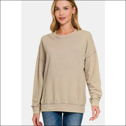 Zenana Washed Round Neck Dropped Shoulder Sweatshirt - Khaki / s - Sweatshirts & Hoodies on Sale Worldwide Shipping