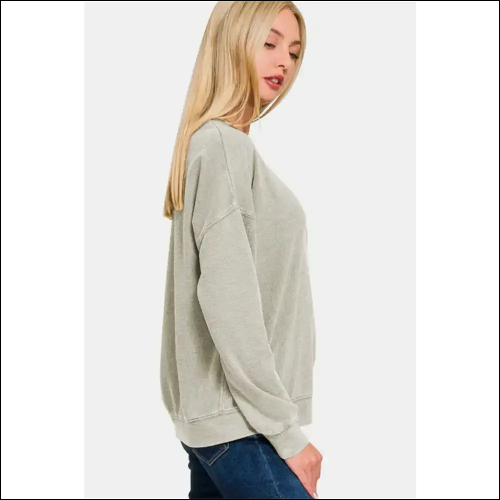Zenana Washed Round Neck Dropped Shoulder Sweatshirt - Sweatshirts & Hoodies on Sale Worldwide Shipping