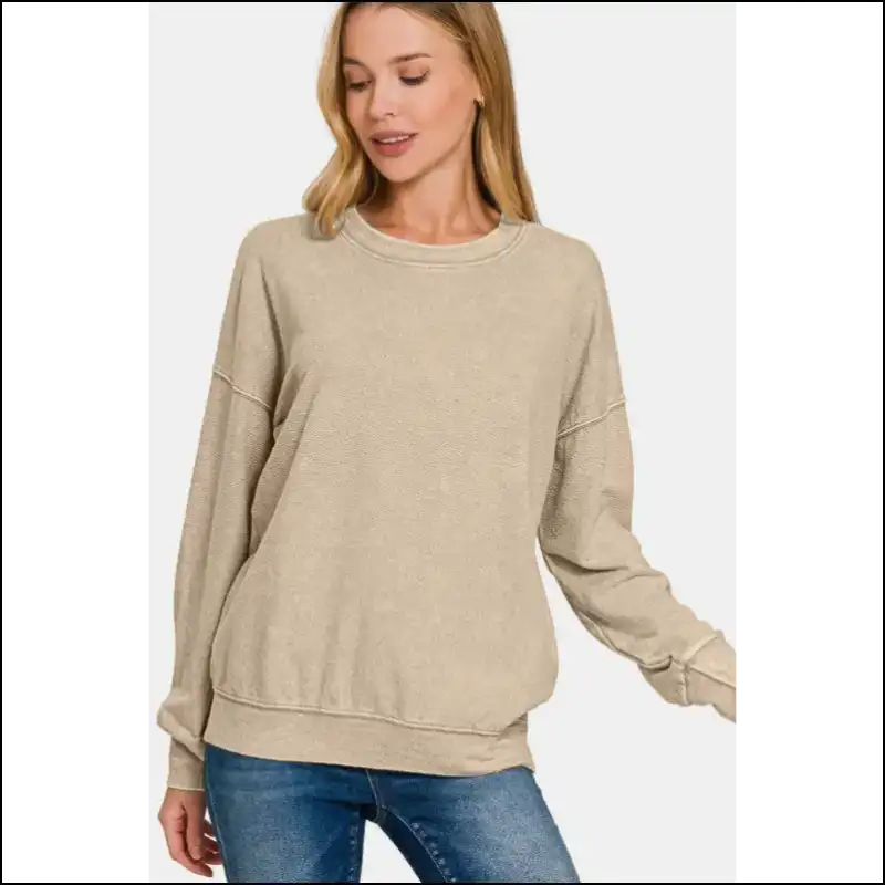 Zenana Washed Round Neck Dropped Shoulder Sweatshirt - Sweatshirts & Hoodies on Sale Worldwide Shipping