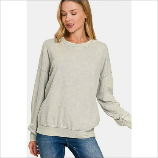 Zenana Washed Round Neck Dropped Shoulder Sweatshirt - Sweatshirts & Hoodies on Sale Worldwide Shipping