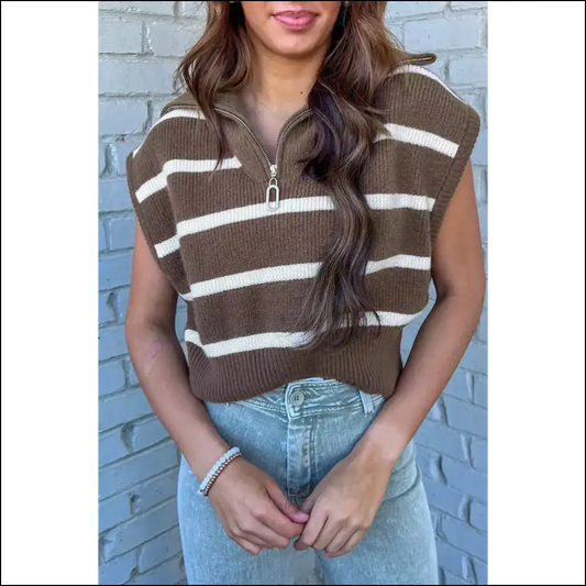 Zipped & Striped: Brown Stripe Chicness from Needful Things! ?️ - s - Knit Tops on Sale Worldwide Shipping